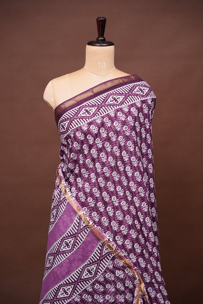 Mul Mul Cotton Ajrak Print Saree - Wine