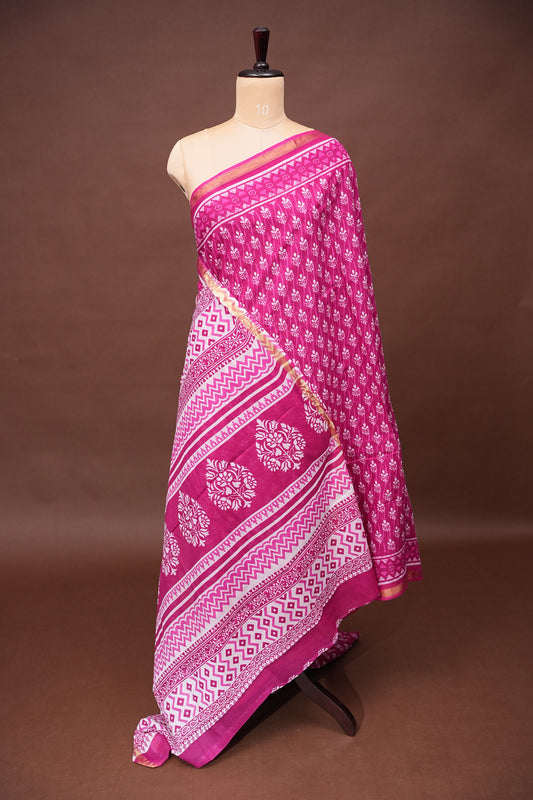 Mul Mul Cotton Ajrak Print Saree - Pink