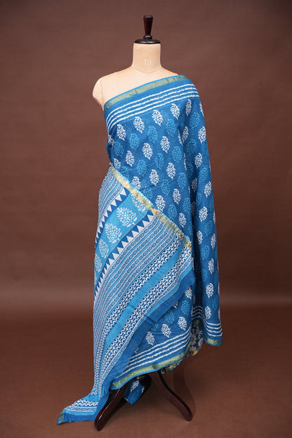 Mul Mul Cotton Ajrak Print Saree - Denim Blue