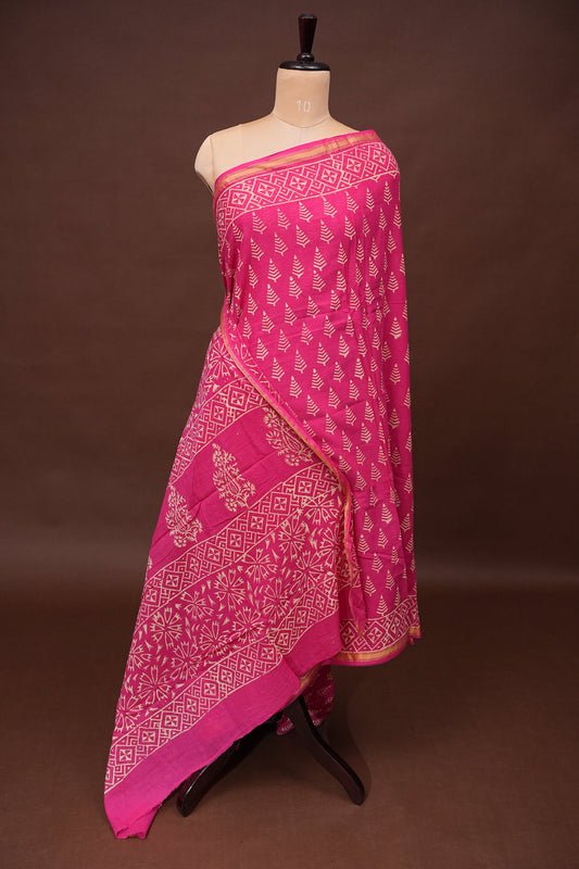 Mul Mul Cotton Ajrak Print Saree - Hot Pink