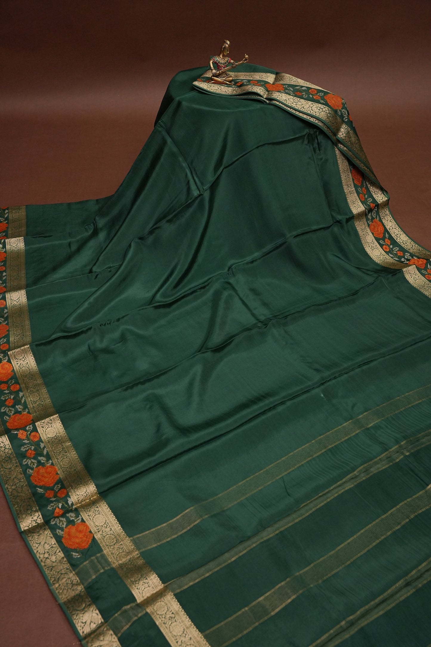 Crepe Silk Saree with Embroidered Border - Bottle Green Color