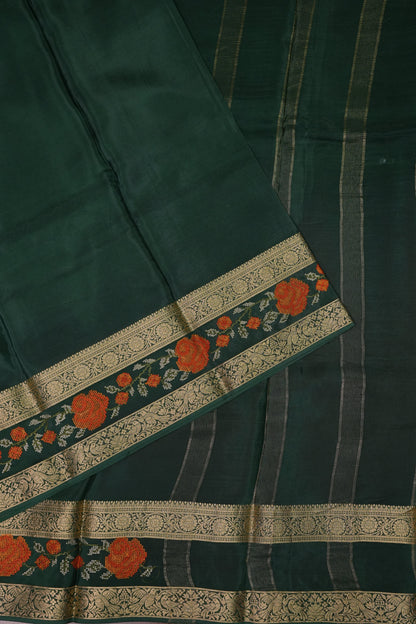 Crepe Silk Saree with Embroidered Border - Bottle Green Color