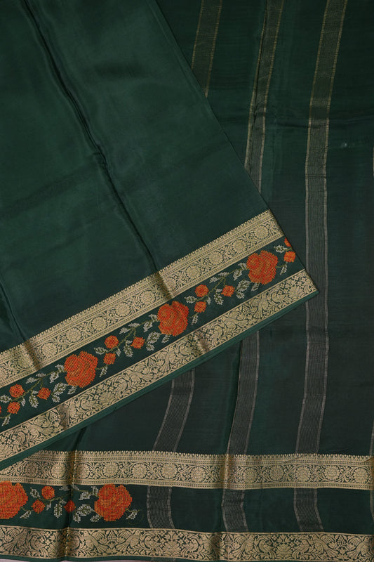 Crepe Silk Saree with Embroidered Border - Bottle Green Color