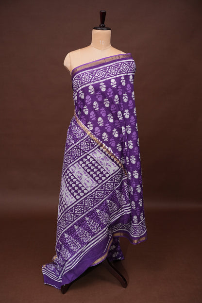 Mul Mul Cotton Ajrak Print Saree - Purple