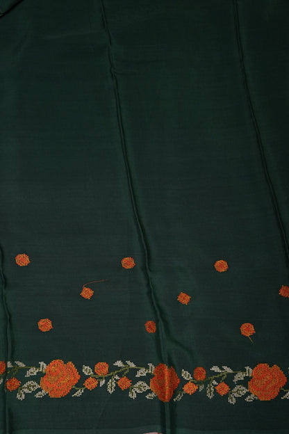 Crepe Silk Saree with Embroidered Border - Bottle Green Color