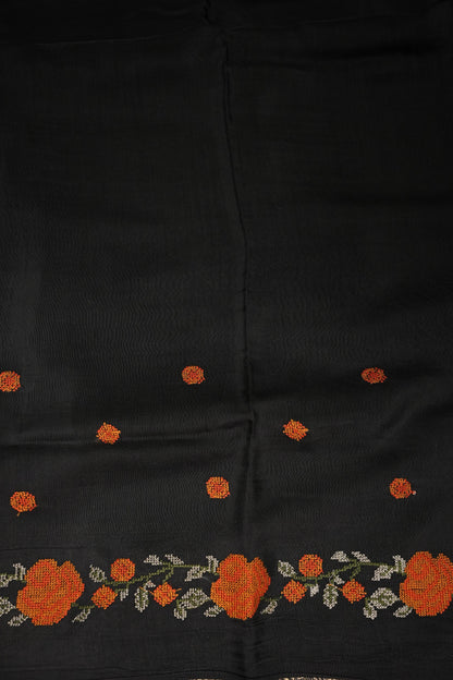 Crepe Silk Saree with Embroidered Border - Black