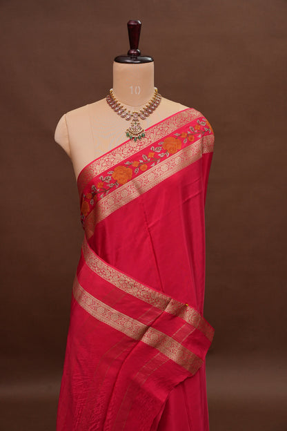 Crepe Silk Saree with Embroidered Border - Pink