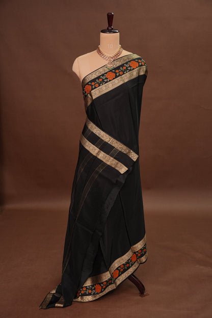 Crepe Silk Saree with Embroidered Border - Black