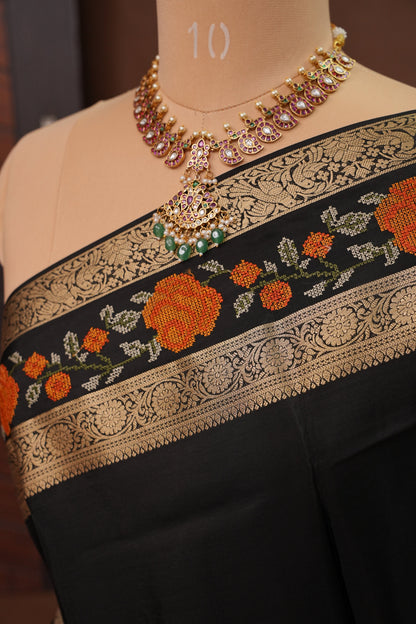 Crepe Silk Saree with Embroidered Border - Black