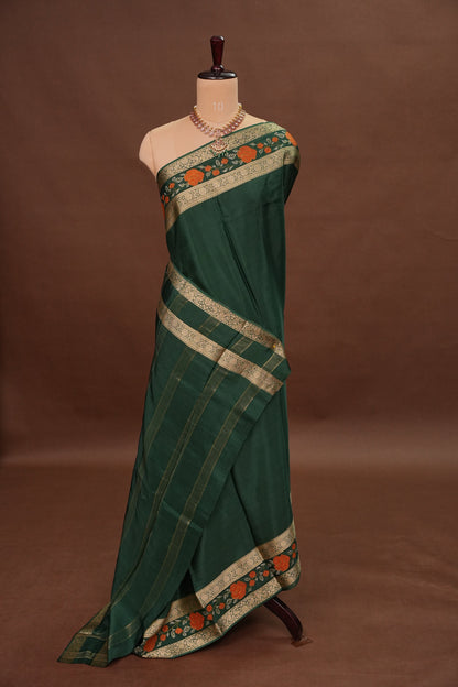 Crepe Silk Saree with Embroidered Border - Bottle Green Color