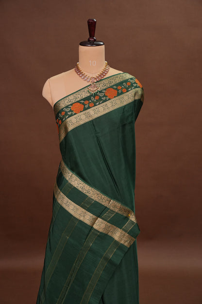 Crepe Silk Saree with Embroidered Border - Bottle Green Color