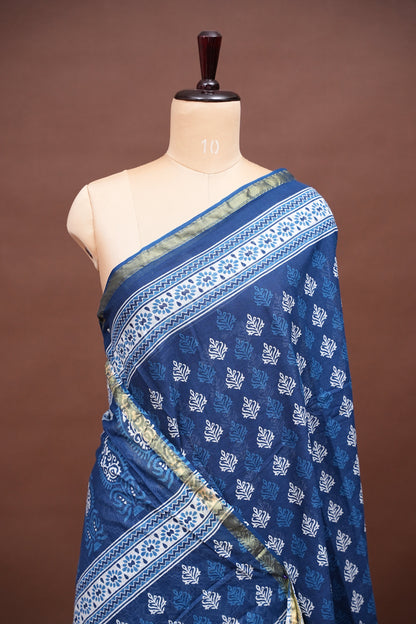 Mul Mul Cotton Ajrak Print Saree - Indigo Blue