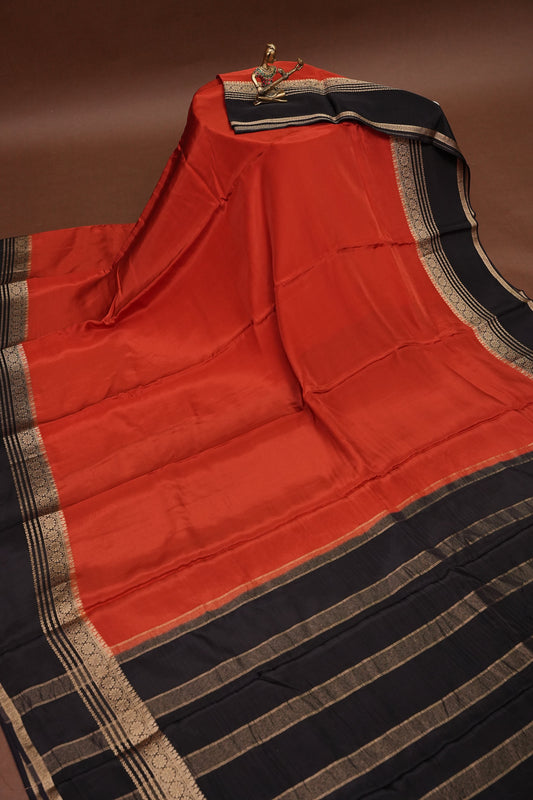 Plain Crepe Silk Saree - Rust and Black