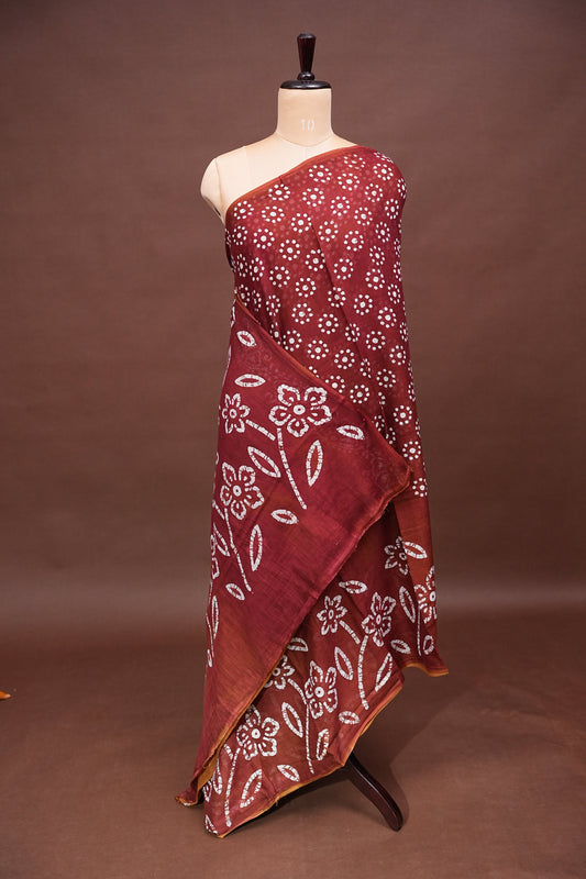 Batik Printed Mulmul Cotton Saree - Brown
