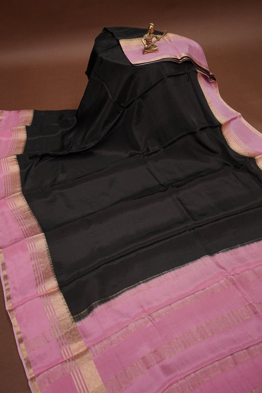 Plain Crepe Silk Saree  - Black & Pink