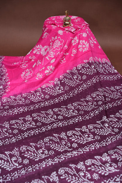 Batik Printed Mulmul Cotton Saree - Pink