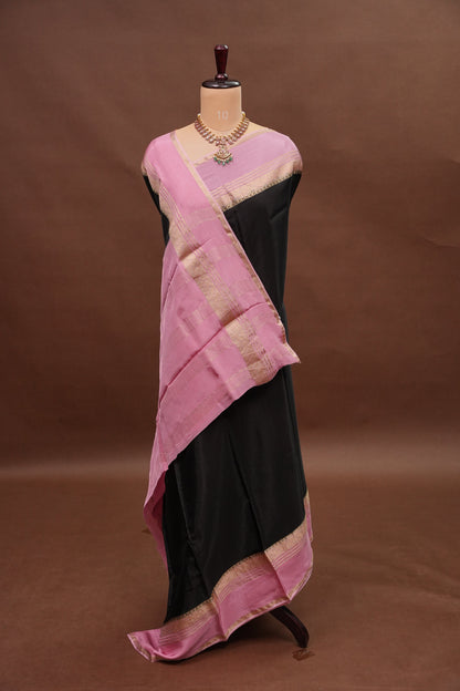 Plain Crepe Silk Saree  - Black & Pink