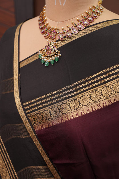 Plain Crepe Silk Saree - Plum and Black