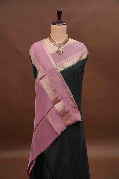 Plain Crepe Silk Saree - Bottle Green and Pink