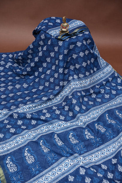 Mul Mul Cotton Ajrak Print Saree - Indigo Blue