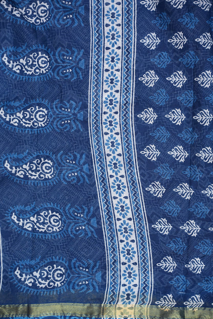 Mul Mul Cotton Ajrak Print Saree - Indigo Blue