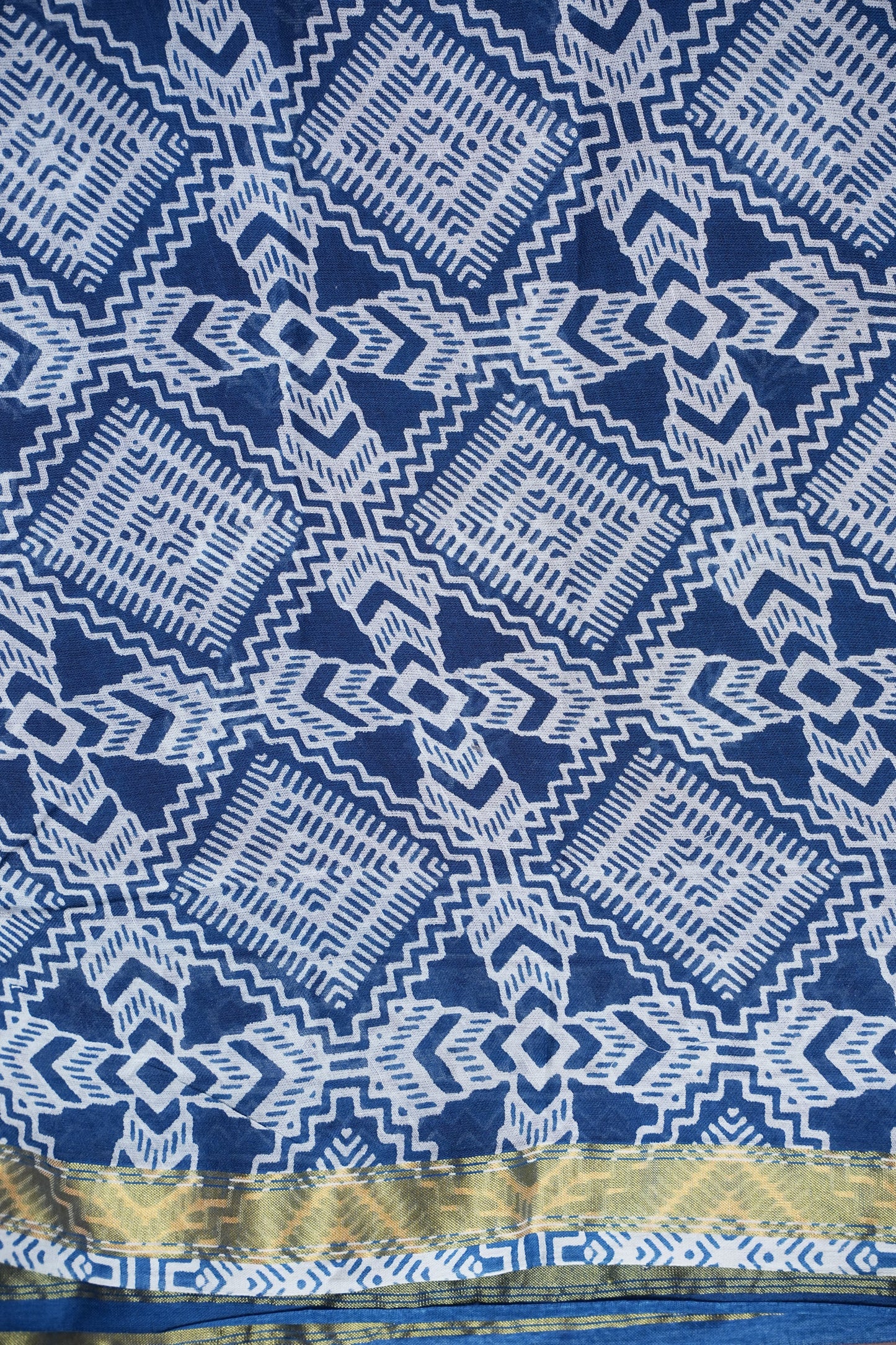 Mul Mul Cotton Ajrak Print Saree - Indigo Blue