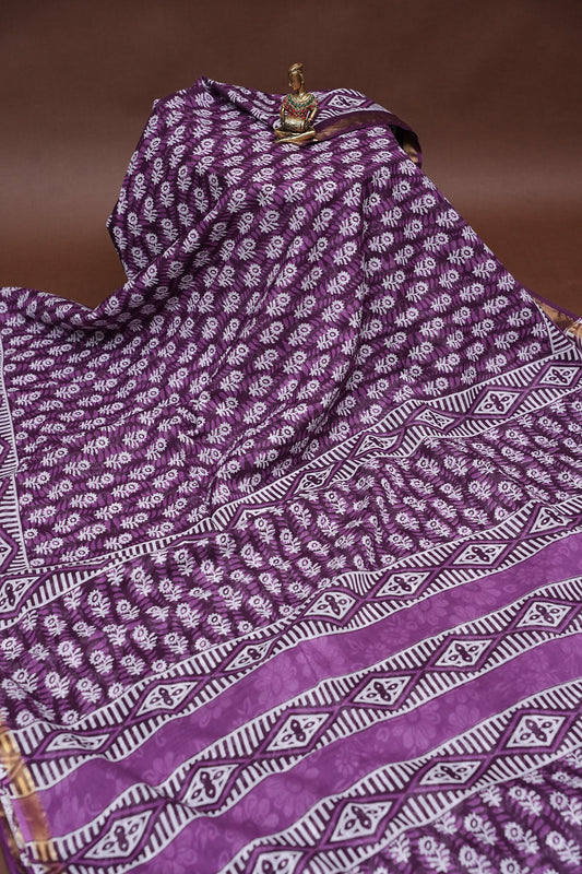 Mul Mul Cotton Ajrak Print Saree - Wine