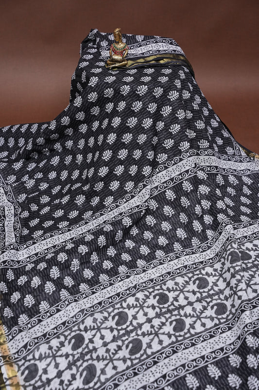 Mul Mul Cotton Ajrak Print Saree - Black