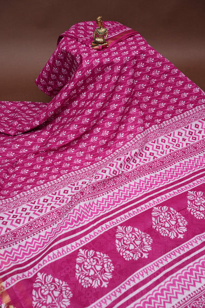 Mul Mul Cotton Ajrak Print Saree - Pink