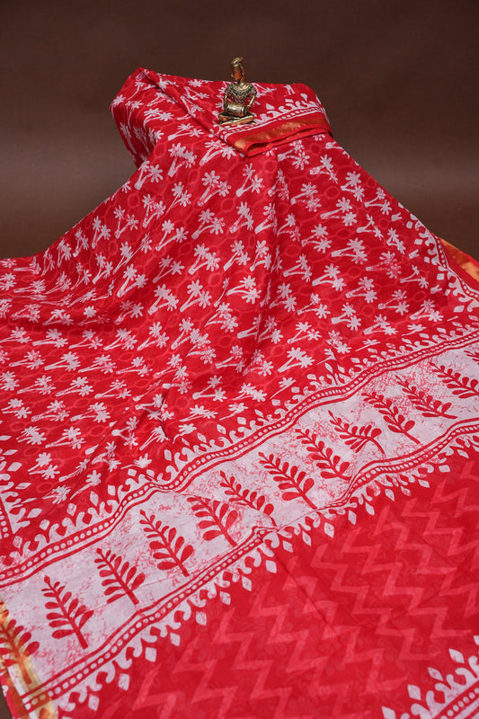 Mul Mul Cotton Ajrak Print Saree - Red