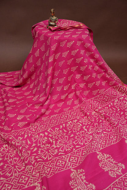 Mul Mul Cotton Ajrak Print Saree - Hot Pink