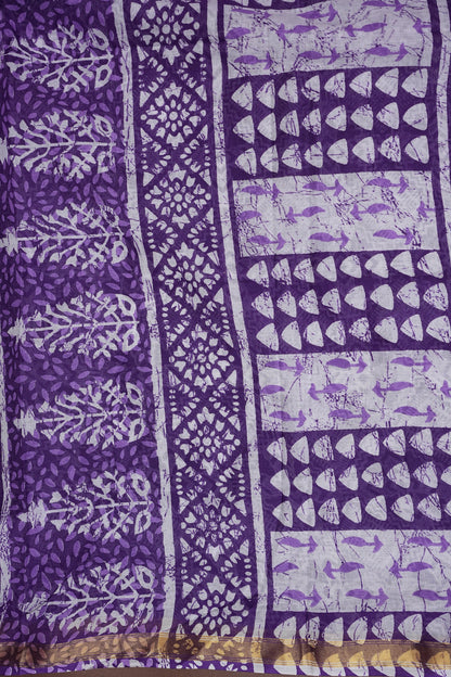 Mul Mul Cotton Ajrak Print Saree - Purple