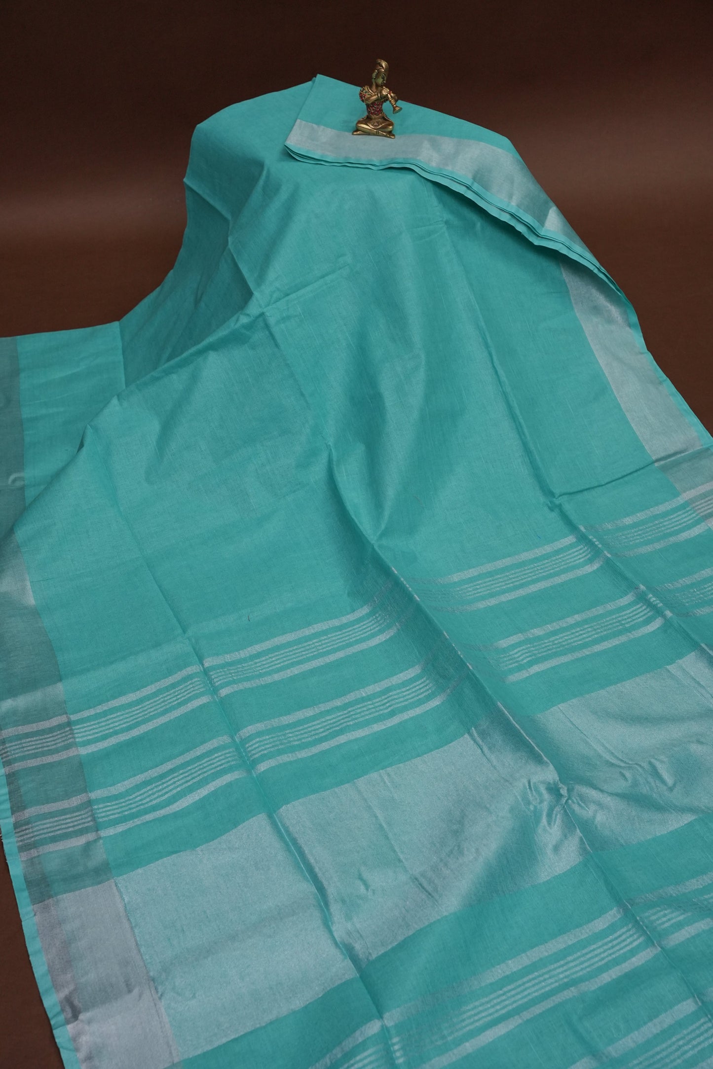 Pure Linen Saree with Tassles - Turquoise