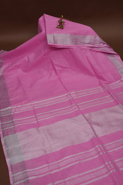Pure Linen Saree with Tassles - Baby Pink