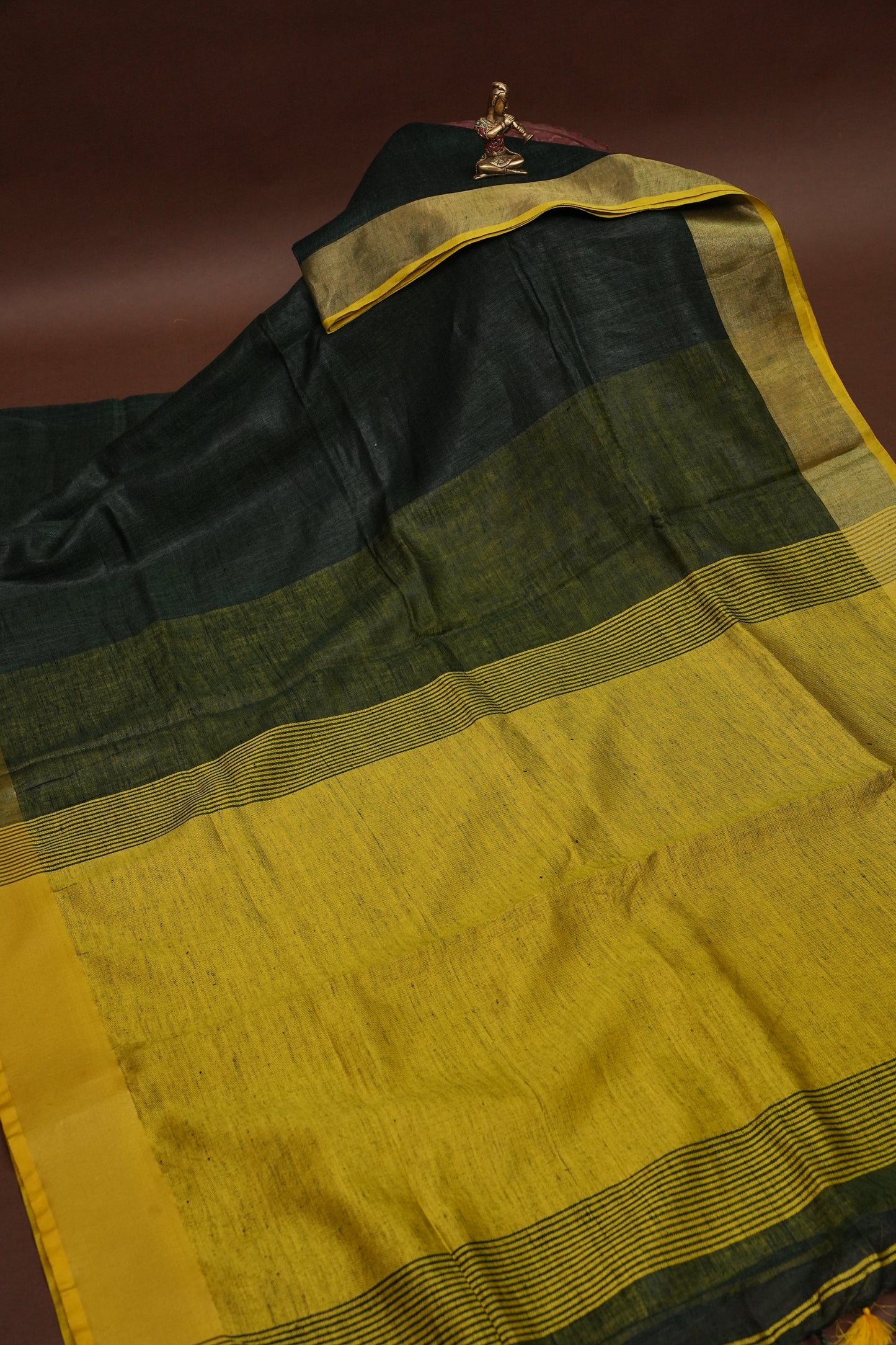 Half & Half Pure Linen Saree with Tassles - Bottle Green & Rich Mustard Yellow