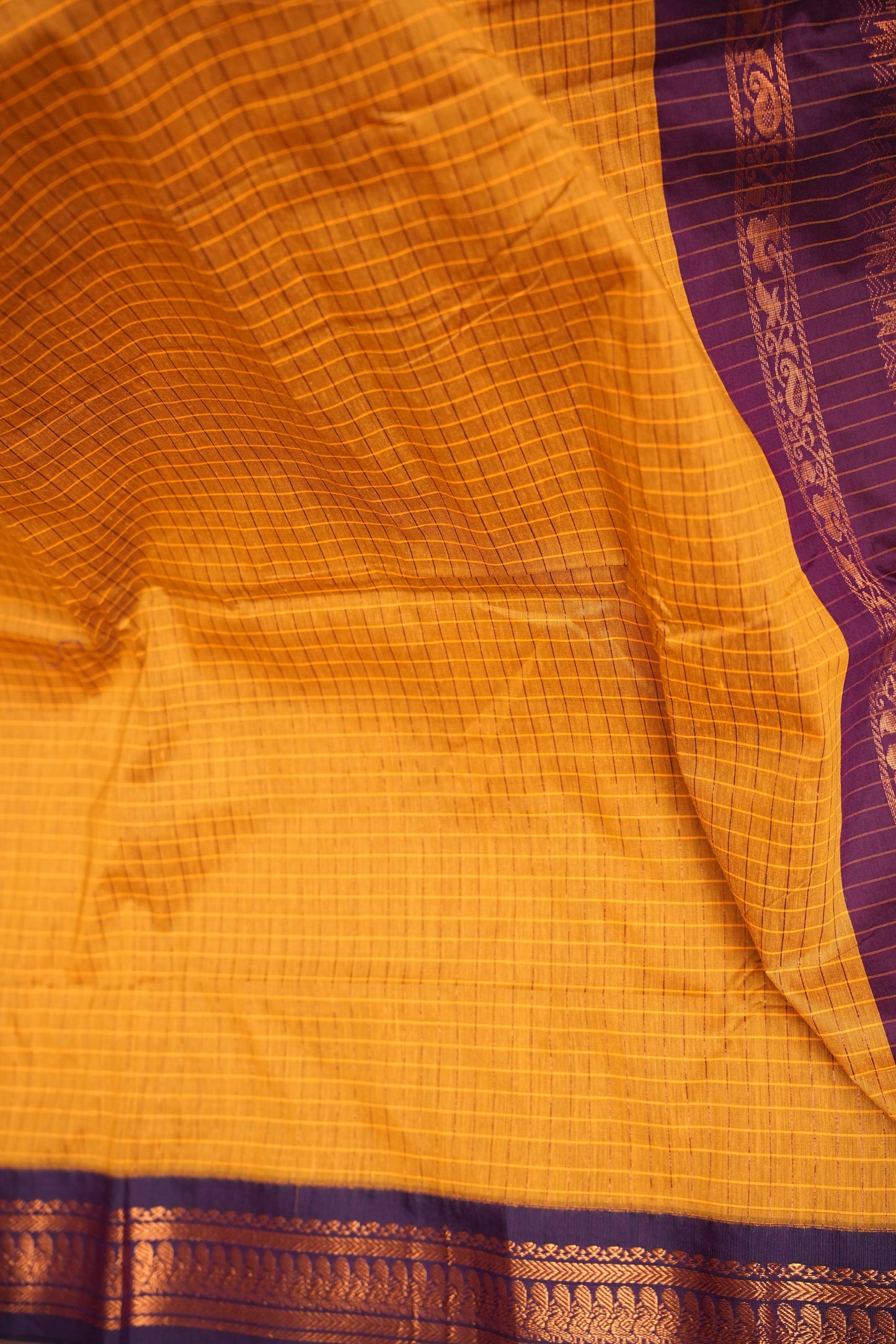 Checkered Kalyani Cotton Silk Saree - Yellow