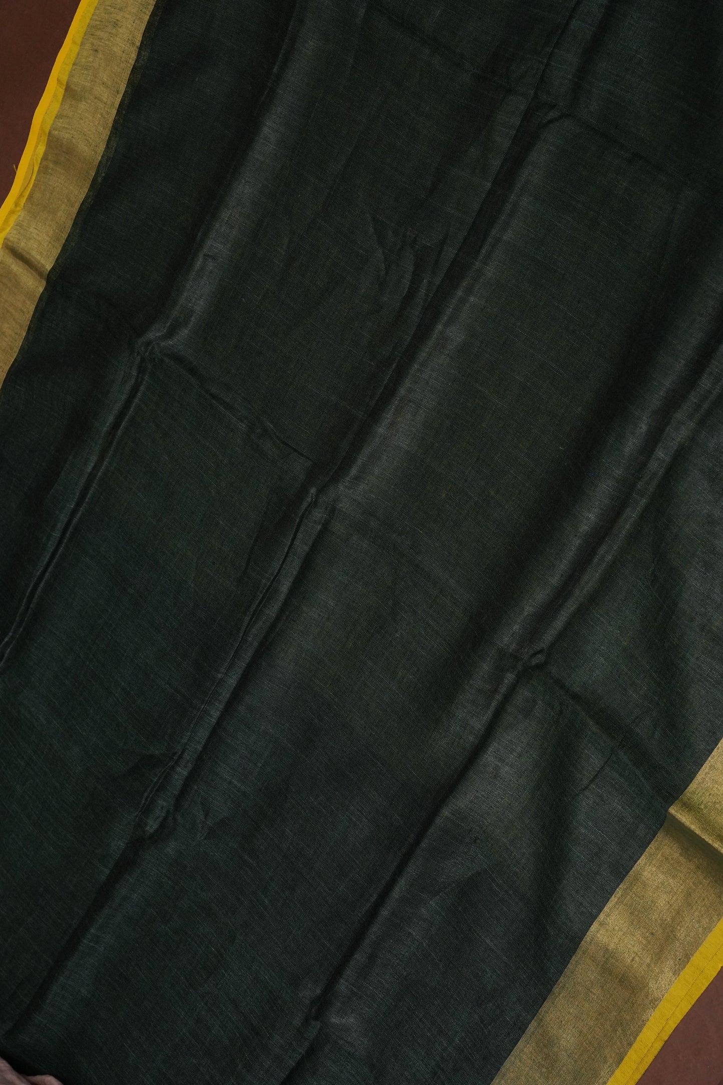 Half & Half Pure Linen Saree with Tassles - Bottle Green & Rich Mustard Yellow