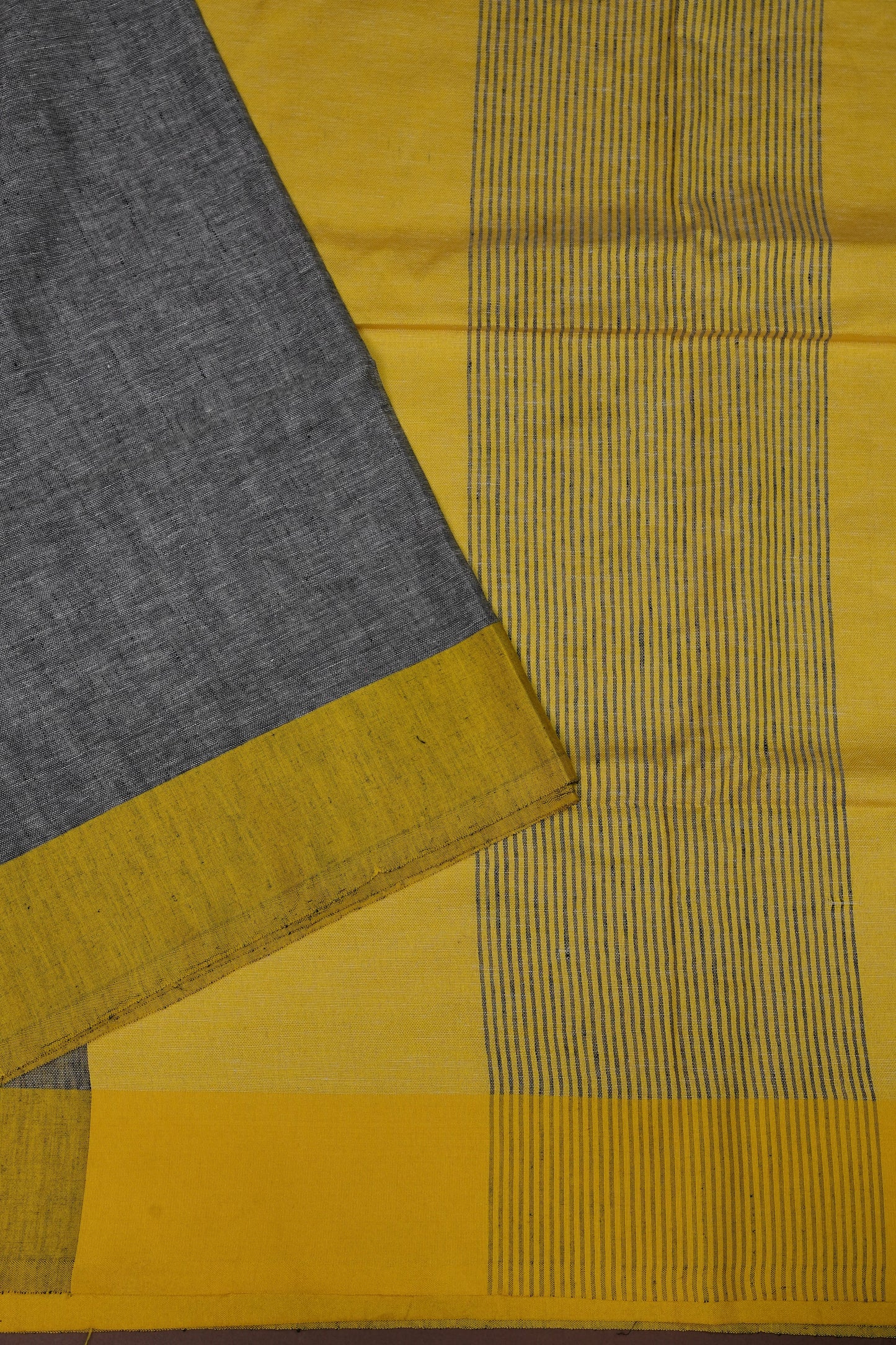 Pure Linen Saree with Tassles - Grey & Yellow