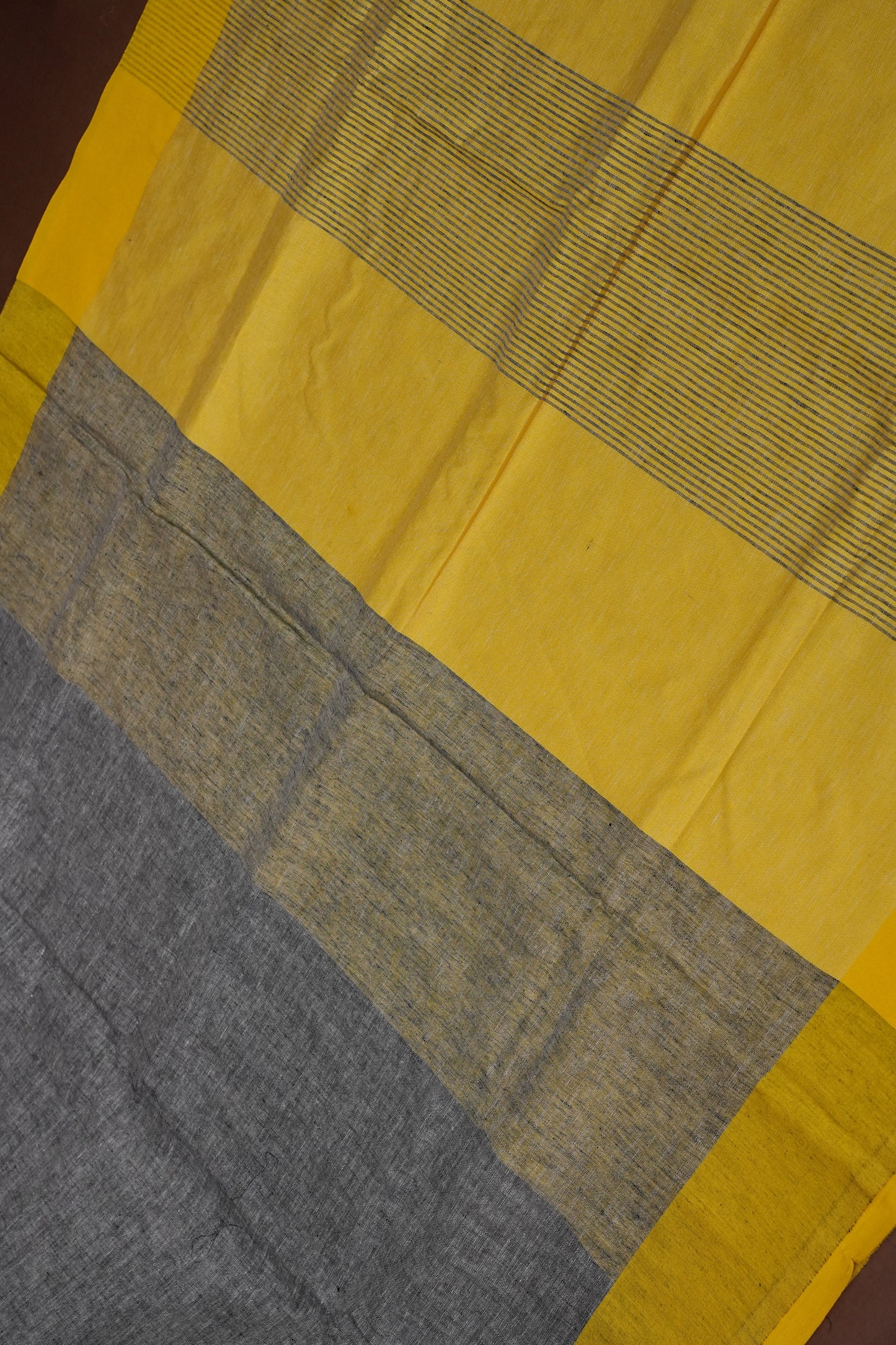 Pure Linen Saree with Tassles - Grey & Yellow