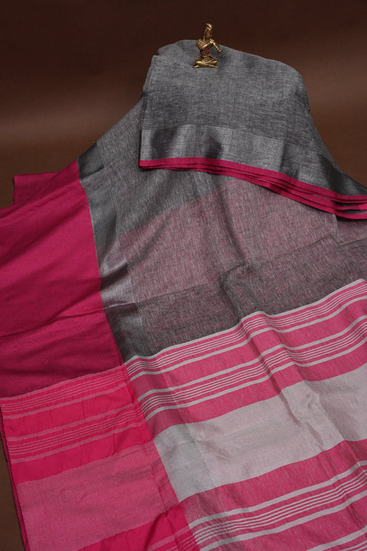 Pure Linen Saree with Tassles - Grey & Pink