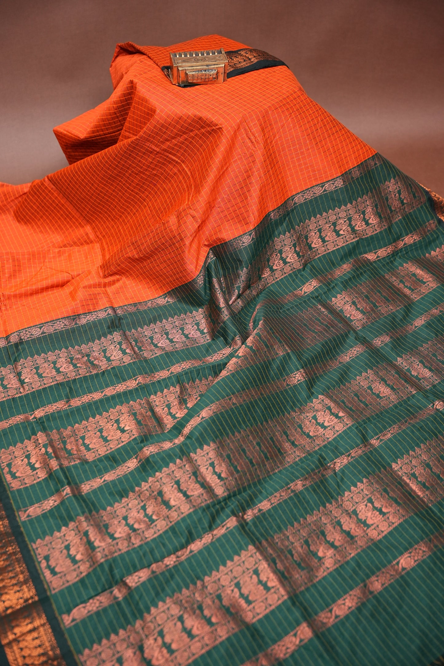 Checkered Kalyani Cotton Silk Saree - Orange