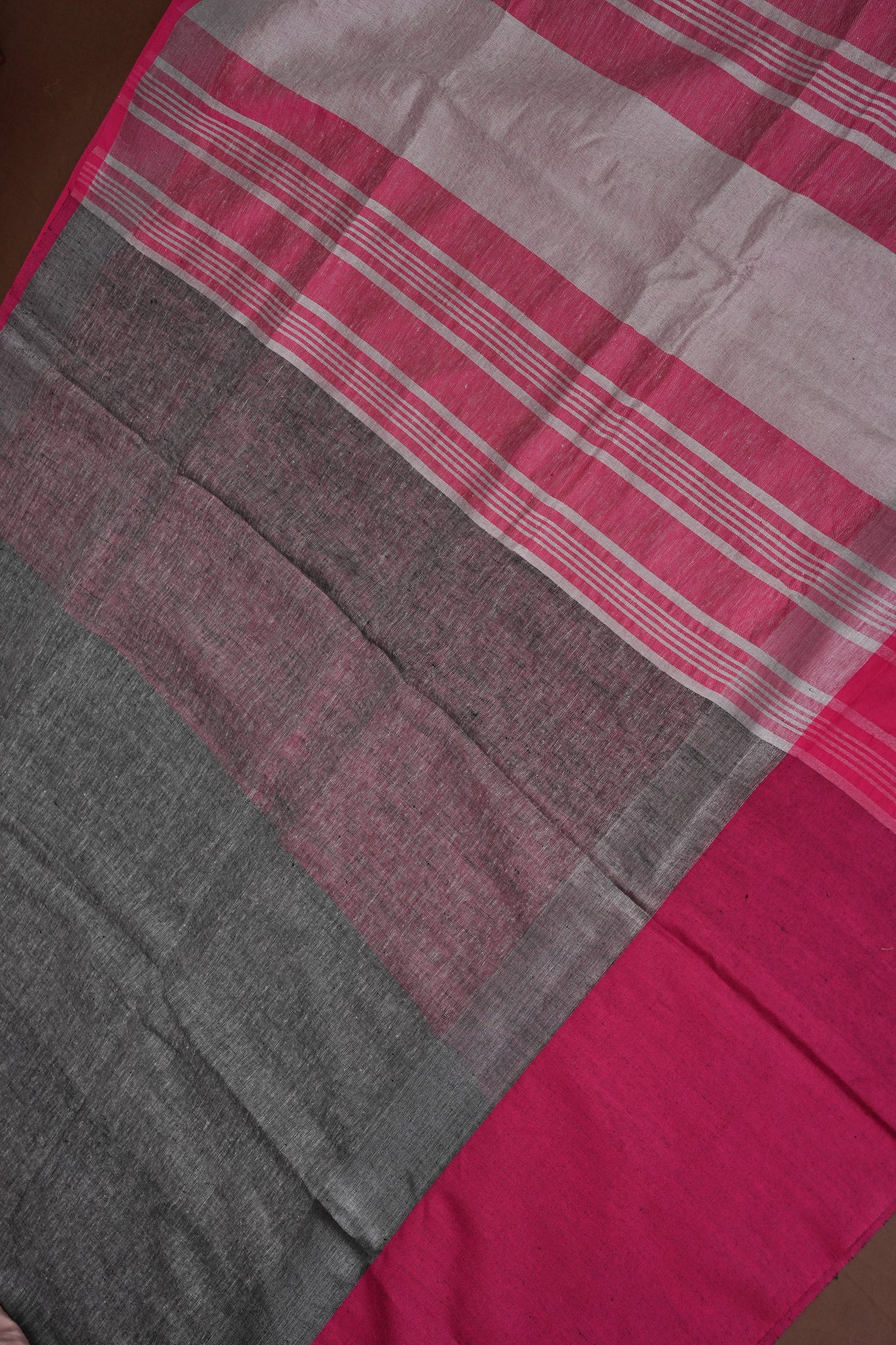 Pure Linen Saree with Tassles - Grey & Pink