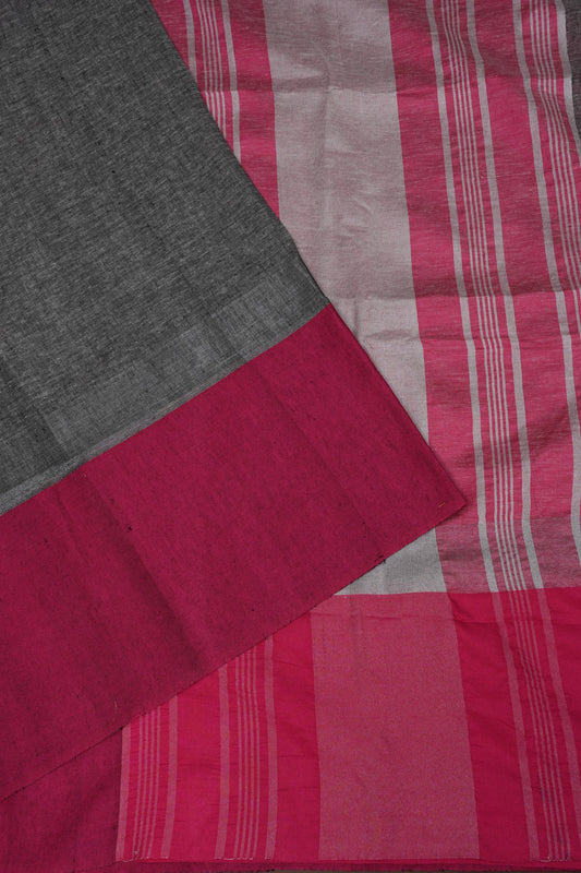 Pure Linen Saree with Tassles - Grey & Pink