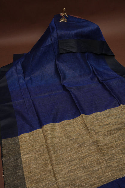 Half & Half Pure Linen Saree with Jute Pallu & Tassles - Teal Blue & Deeper Blue