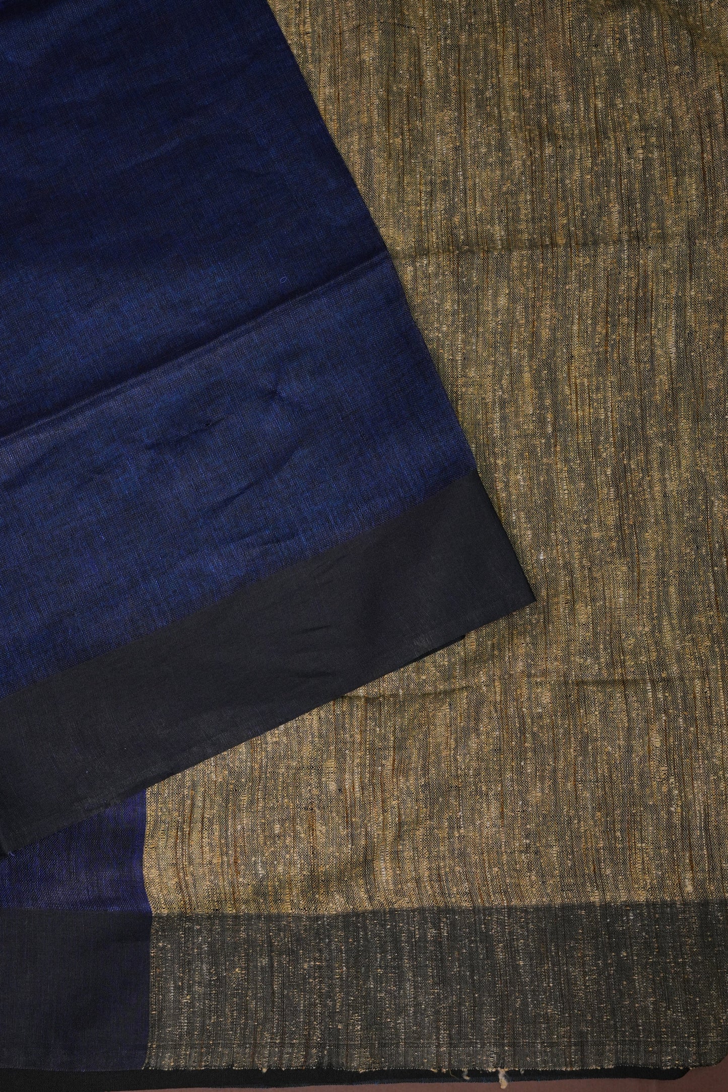 Half & Half Pure Linen Saree with Jute Pallu & Tassles - Teal Blue & Deeper Blue