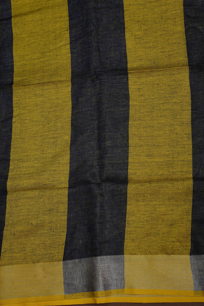 Pure Linen Saree with Tassles - Navy Blue & Mustard Yellow