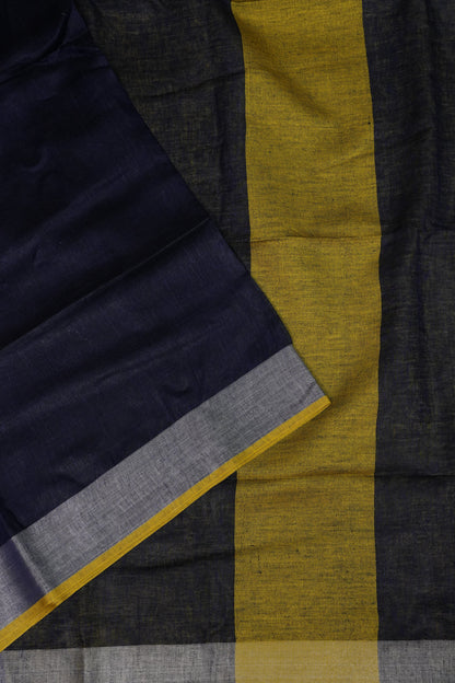 Pure Linen Saree with Tassles - Navy Blue & Mustard Yellow