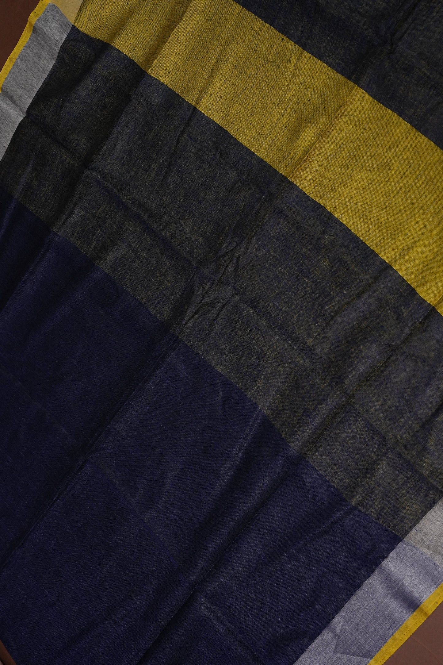 Pure Linen Saree with Tassles - Navy Blue & Mustard Yellow