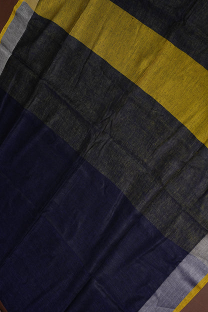 Pure Linen Saree with Tassles - Navy Blue & Mustard Yellow