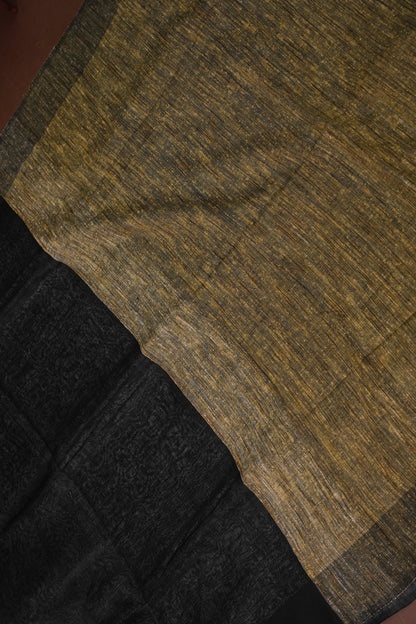Half & Half Pure Linen Saree with Jute Pallu & Tassles - Black & Grey